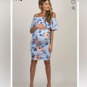 Light Blue Rose Print Ruffle Fitted Maternity Dress. Size small.